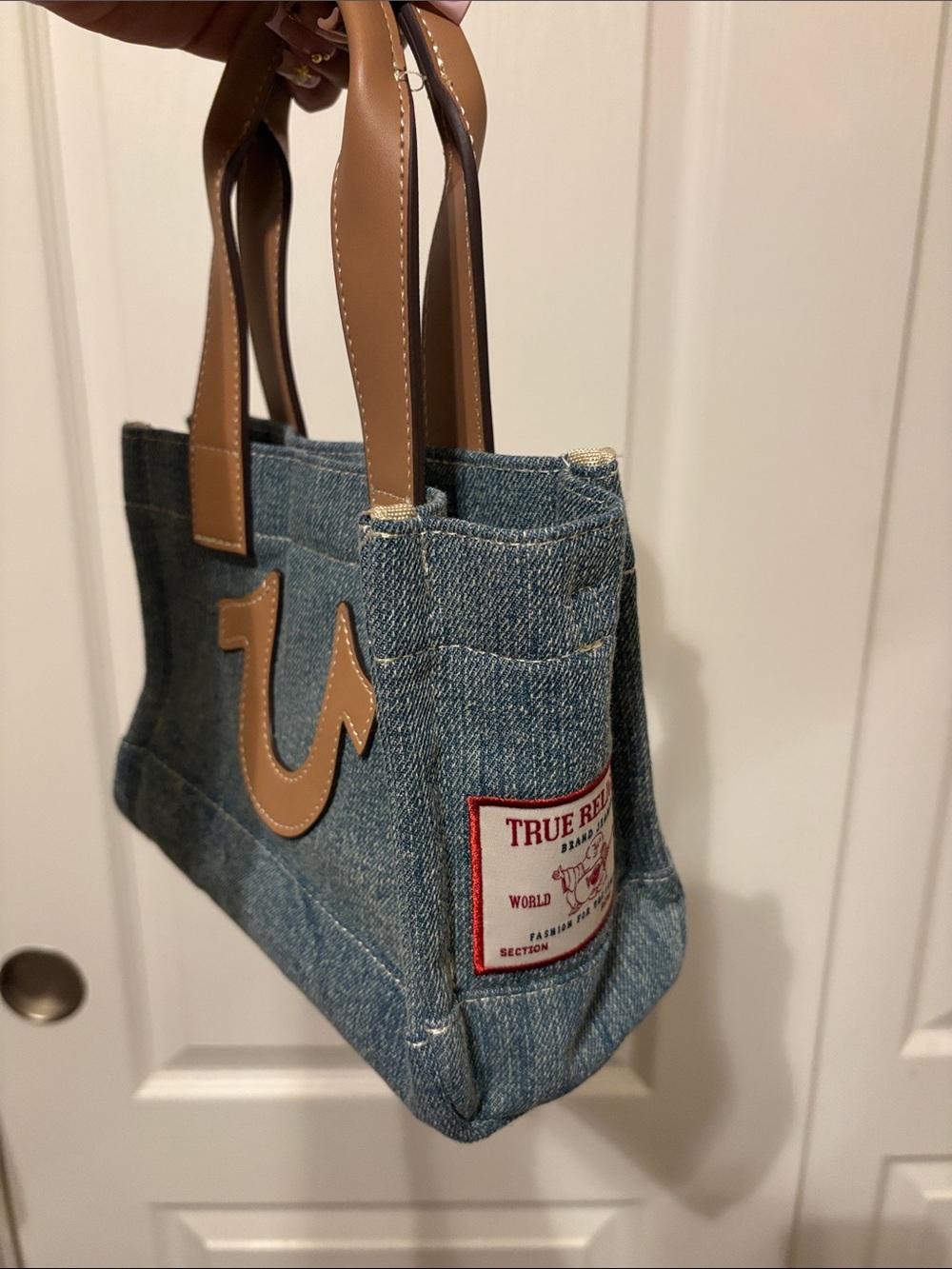 True Religion Blue Denim Tote with Tan Leather Accents